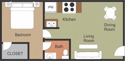 Floor plan for 1 bed, 1 bath, 491 sqft